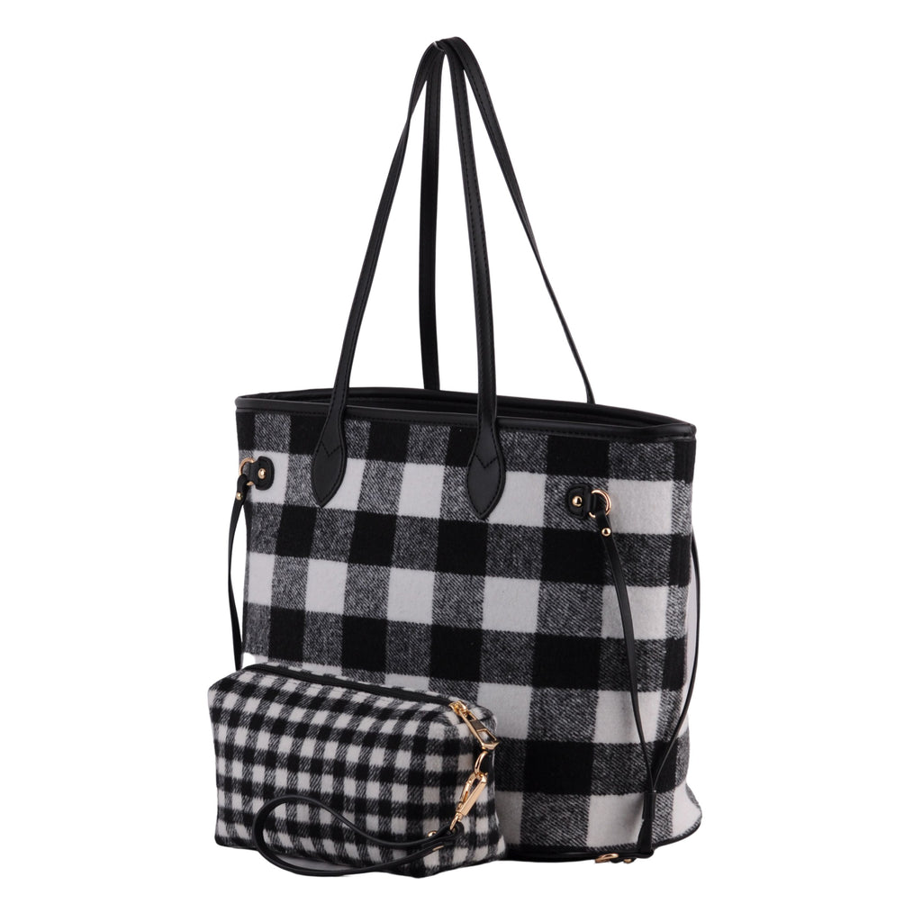 Side of Black Buffalo Plaid Large Tote With Matching Pouch | Most Wanted USA