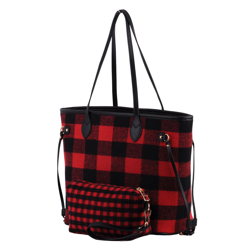 Side of Red Buffalo Plaid Large Tote With Matching Pouch | Most Wanted USA