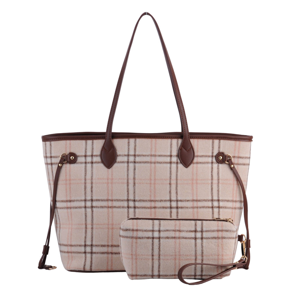 Front of Beige Royal Stewart Plaid Large Tote With Matching Pouch | Most Wanted USA