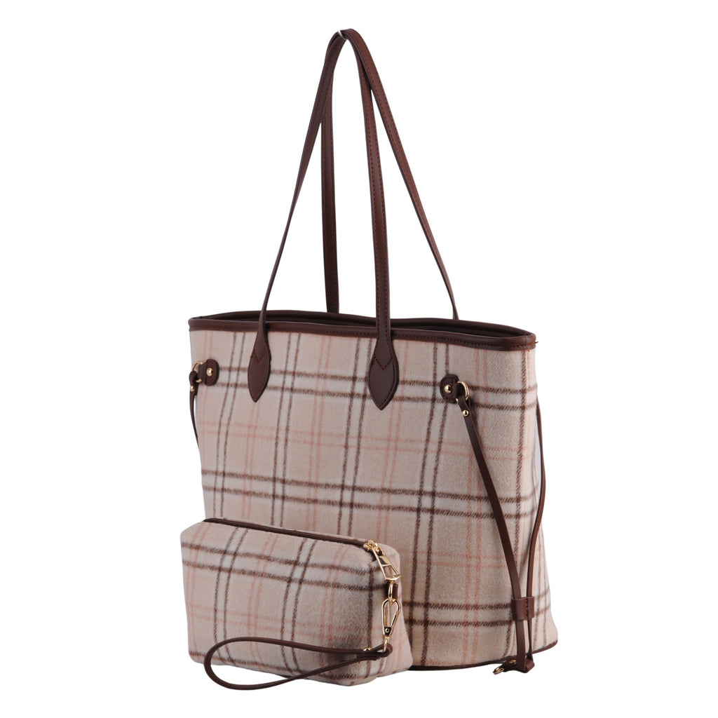 Side of Beige Royal Stewart Plaid Large Tote With Matching Pouch | Most Wanted USA