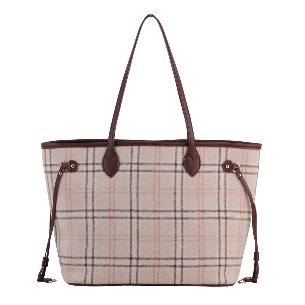 Back of Beige Royal Stewart Plaid Large Tote | Most Wanted USA
