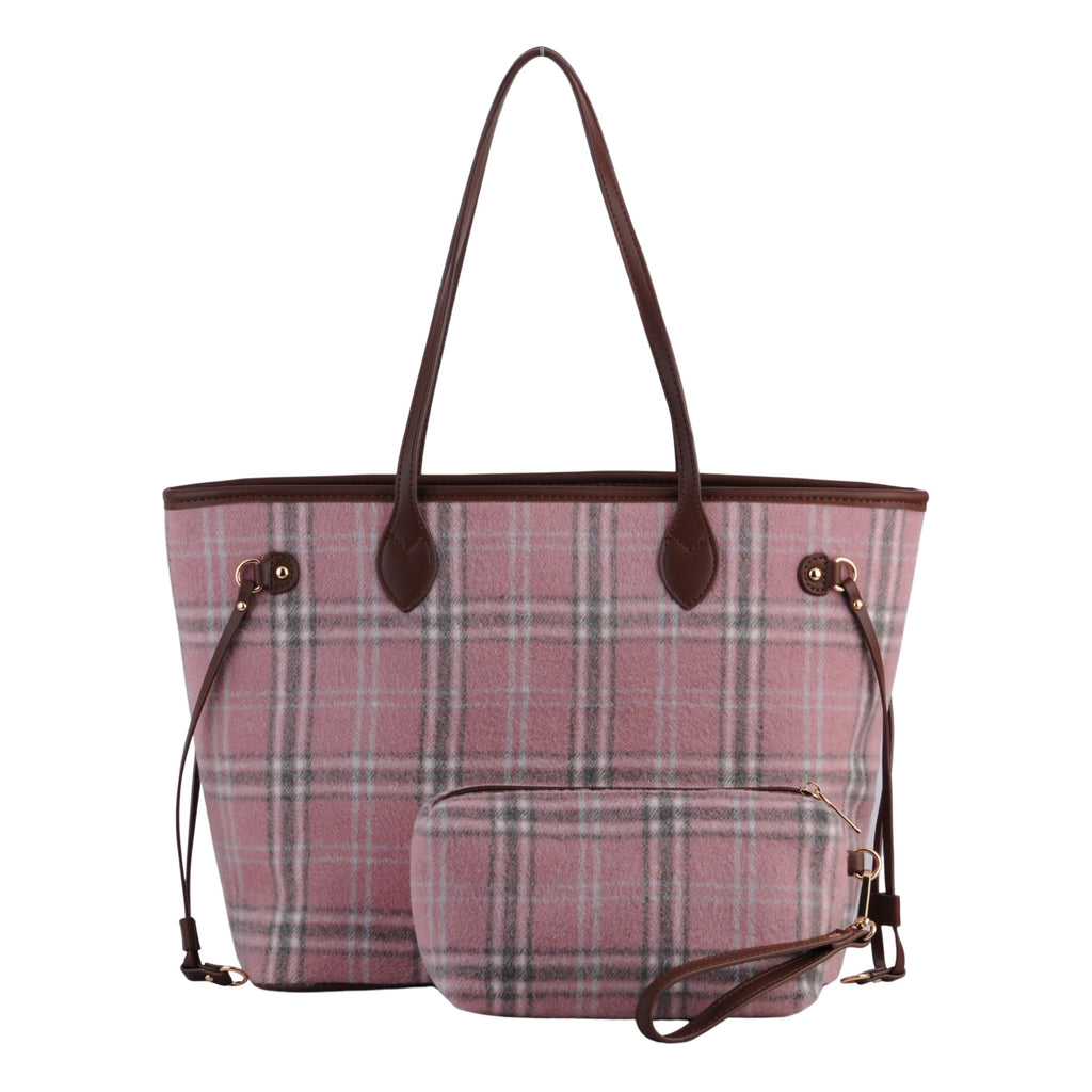 Front of Pink Royal Stewart Plaid Large Tote With Matching Pouch | Most Wanted USA