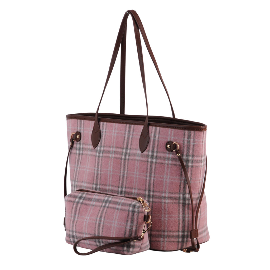 Side of Pink Royal Stewart Plaid Large Tote With Matching Pouch | Most Wanted USA