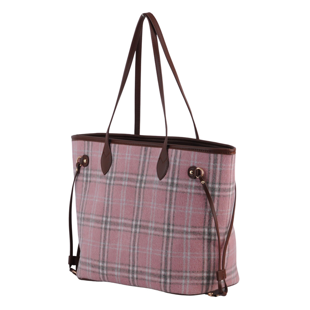 Side of Pink Royal Stewart Plaid Large Tote | Most Wanted USA