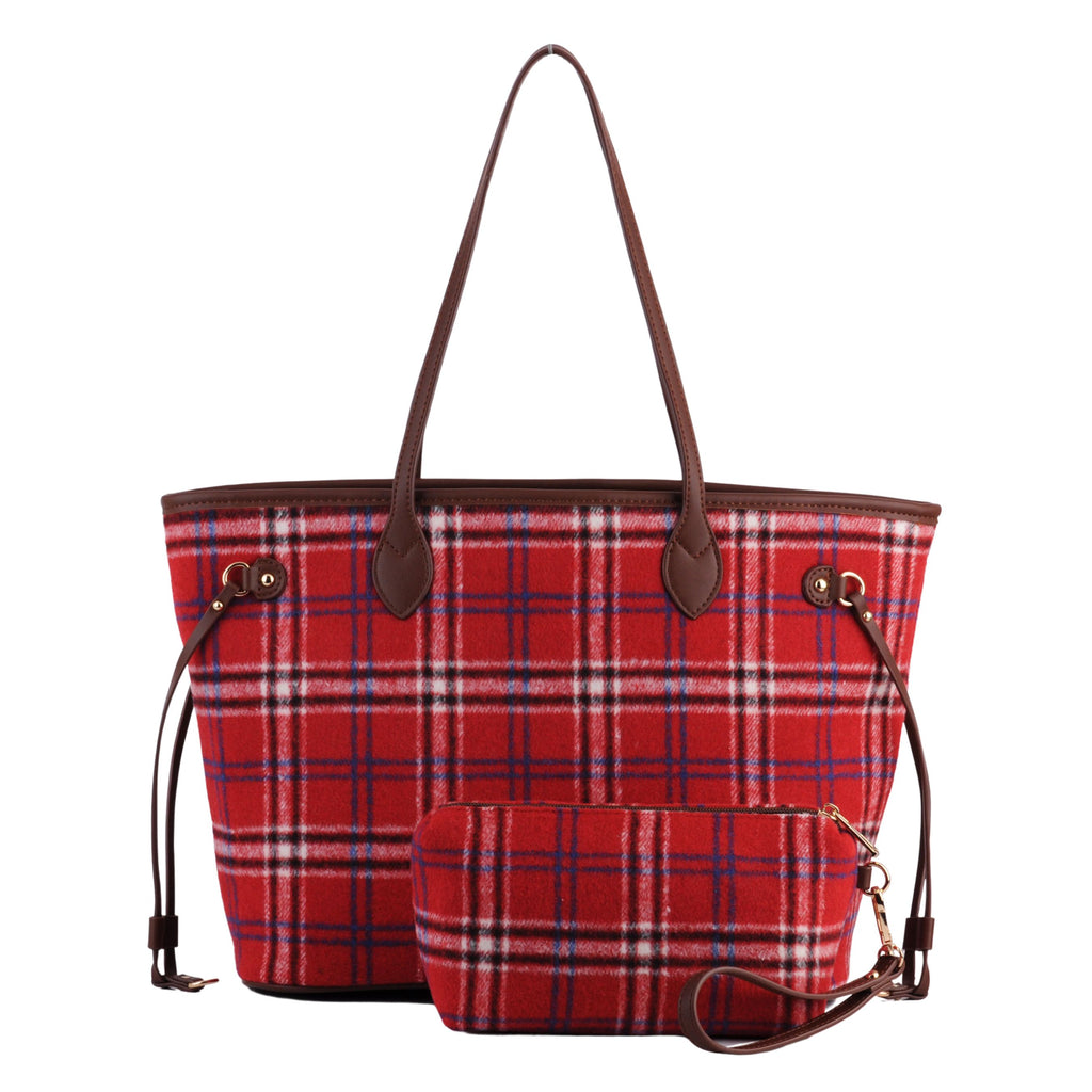 Front of Red Royal Stewart Plaid Large Tote With Matching Pouch | Most Wanted USA