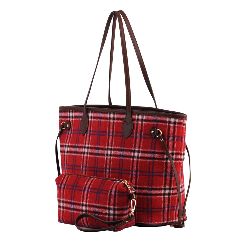 Side of Red Royal Stewart Plaid Large Tote With Matching Pouch | Most Wanted USA
