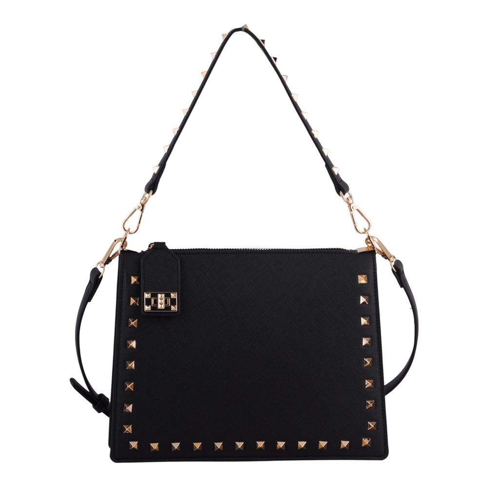 Front of Black Stud Lined Zipper Lock Crossbody | Most Wanted USA