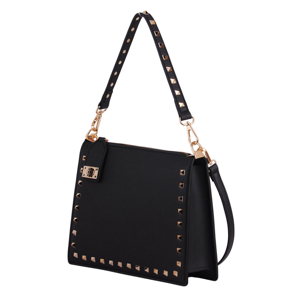 Side of Black Stud Lined Zipper Lock Crossbody | Most Wanted USA