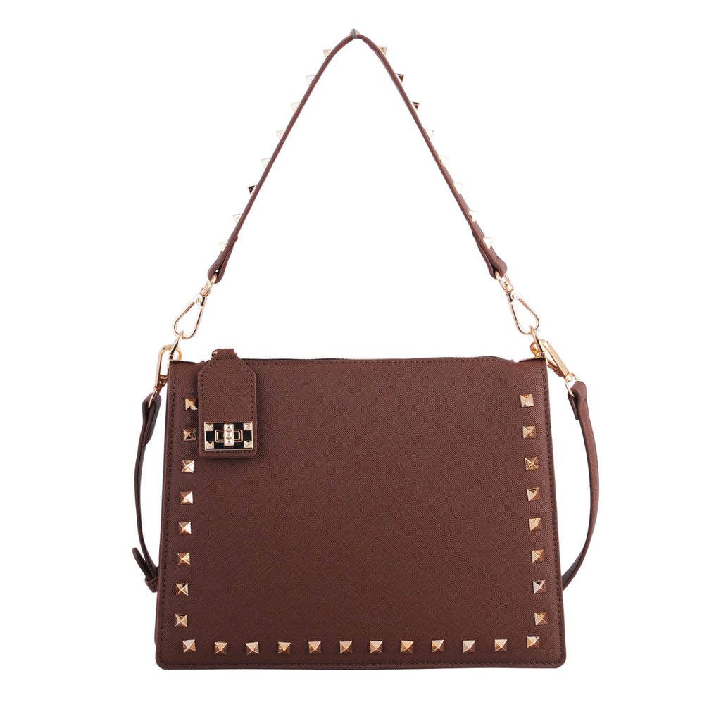 Front of Brown Stud Lined Zipper Lock Crossbody | Most Wanted USA
