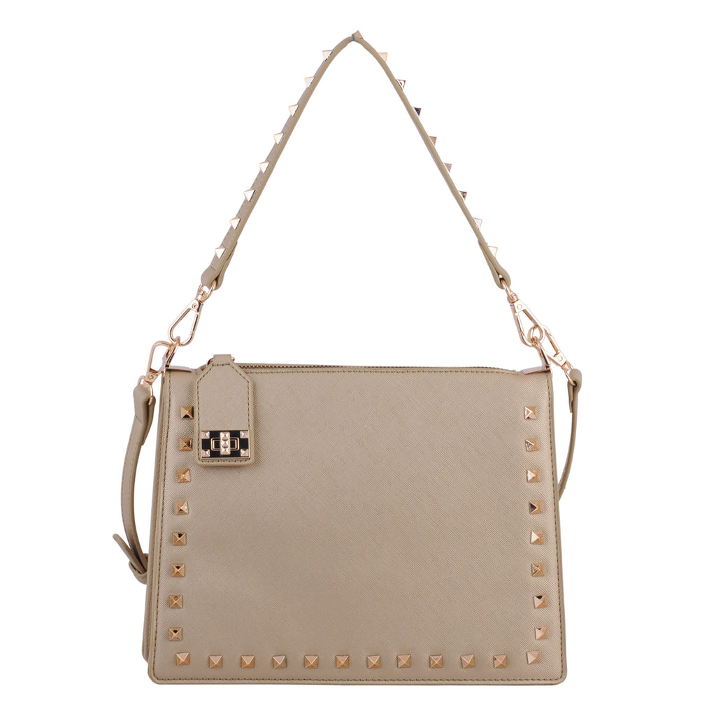 Front of Champagne Stud Lined Zipper Lock Crossbody | Most Wanted USA