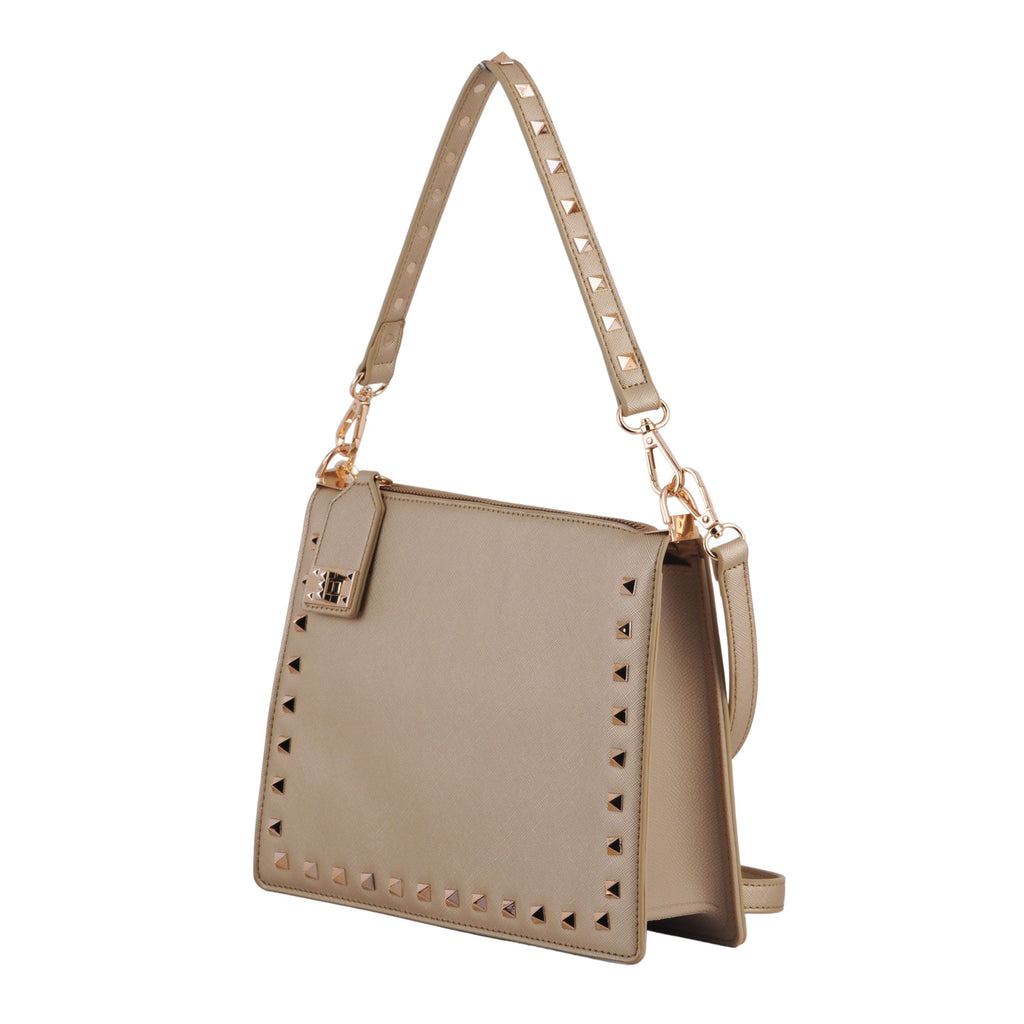 Side of Champagne Stud Lined Zipper Lock Crossbody | Most Wanted USA