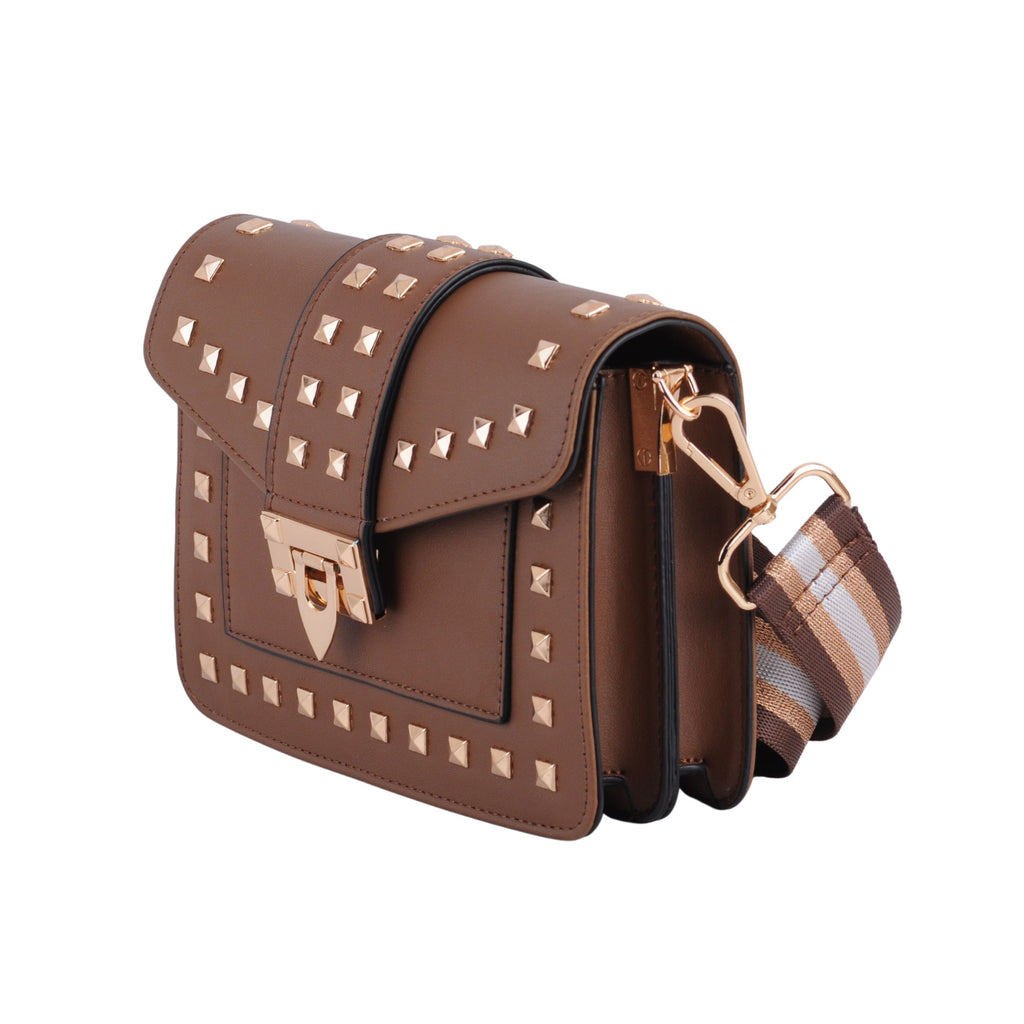 Women - Studded Crossbody With Striped Guitar Strap - mostwantedusa