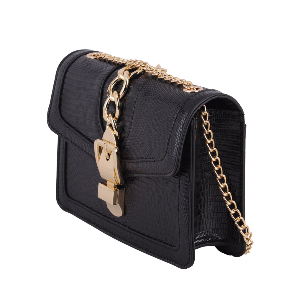 Side of Black Lizard Print Gold Buckle and Chain Accent Crossbody