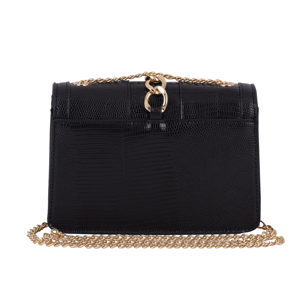 Back of Black Lizard Print Gold Buckle and Chain Accent Crossbody