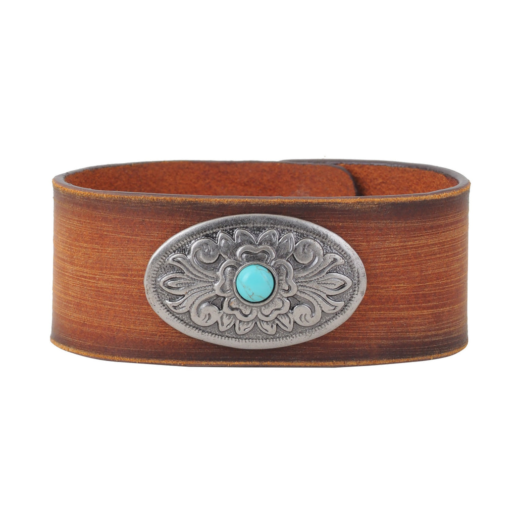 Turquoise Centered Concho On Handpainted Leather Bracelet - mostwantedusa