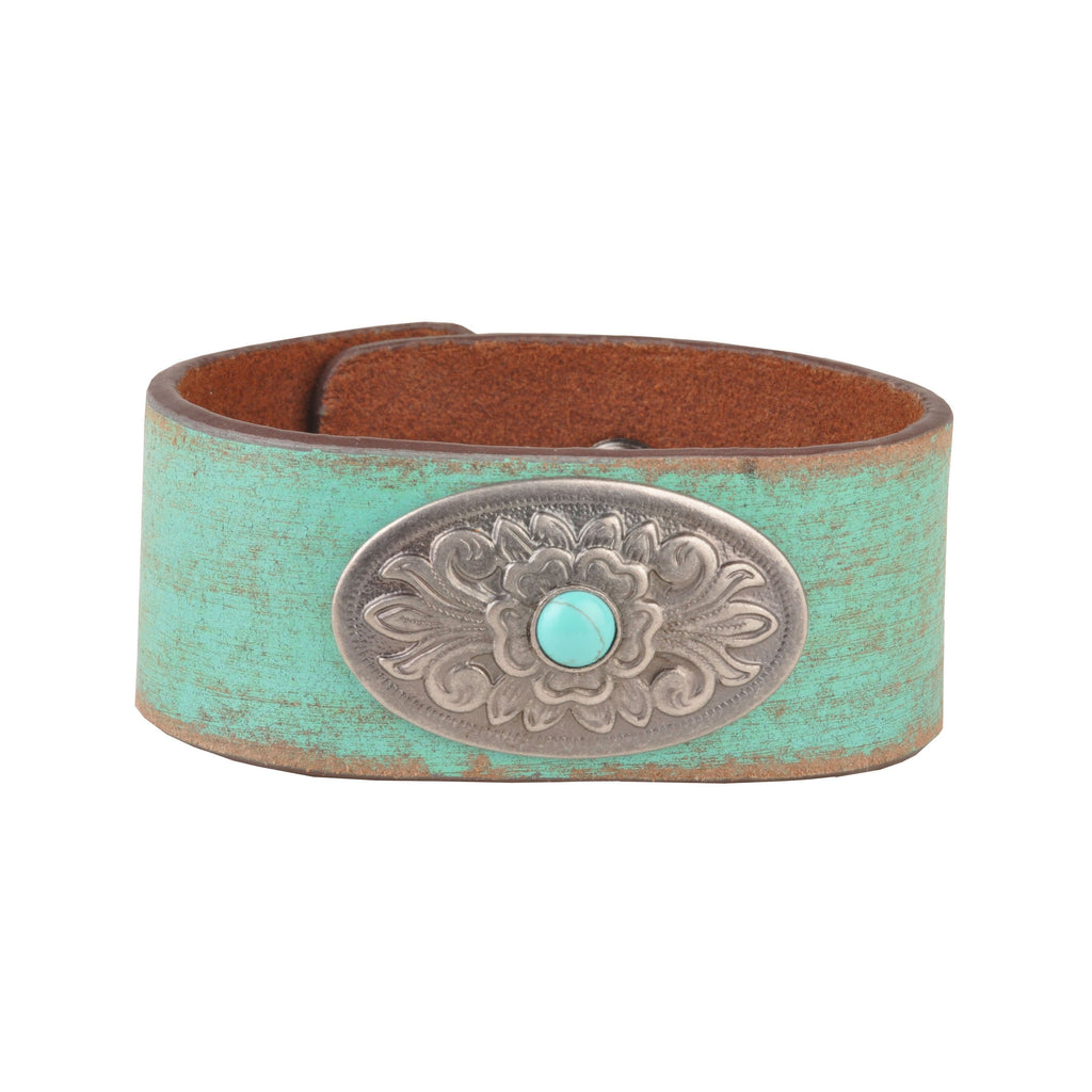Turquoise Centered Concho On Handpainted Leather Bracelet - mostwantedusa