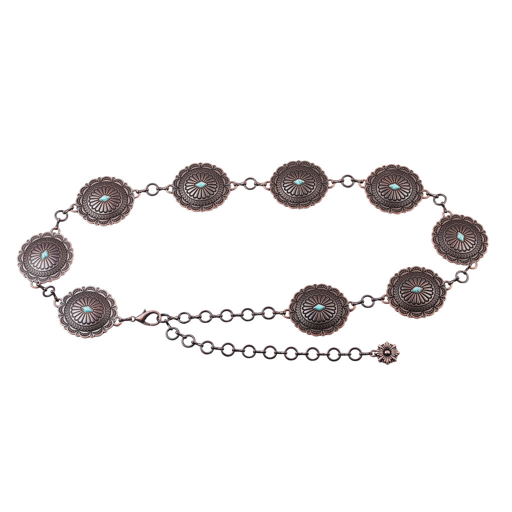 Turquoise Oval Floral Concho Chain Belt - mostwantedusa