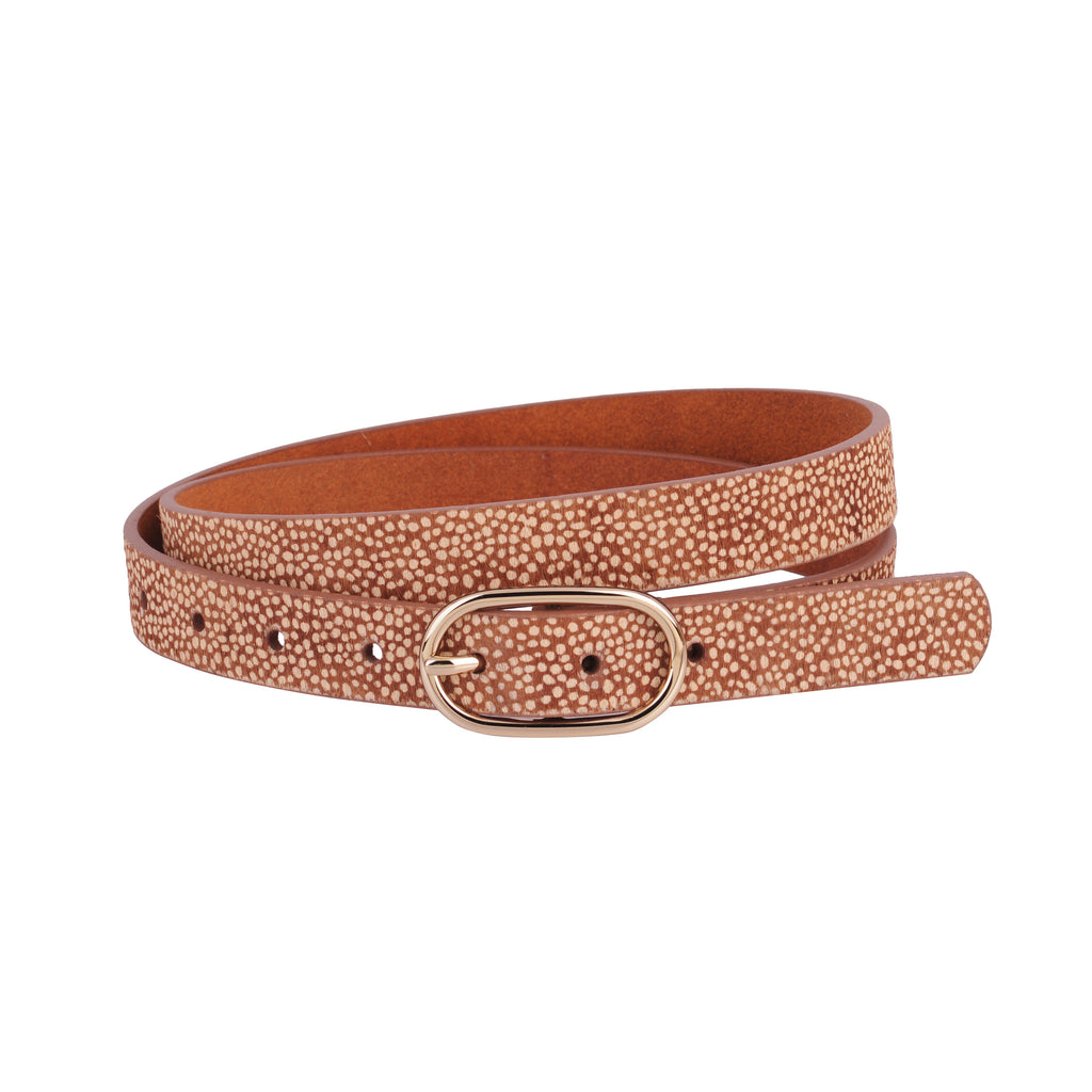 Rolled up of Tan Skinny Spotted Calf Hair Belt | Most Wanted USA