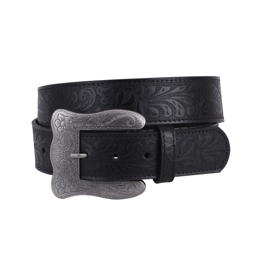 Rolled up of Black Western Square Frame Tooled Buckle and Leather Belt | Most Wanted USA