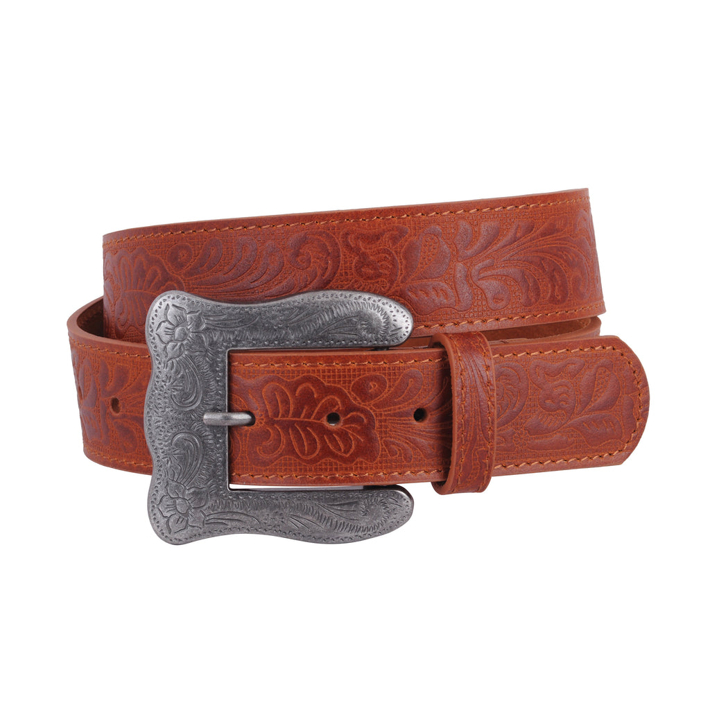 Rolled up of Tan Western Square Frame Tooled Buckle and Leather Belt | Most Wanted USA