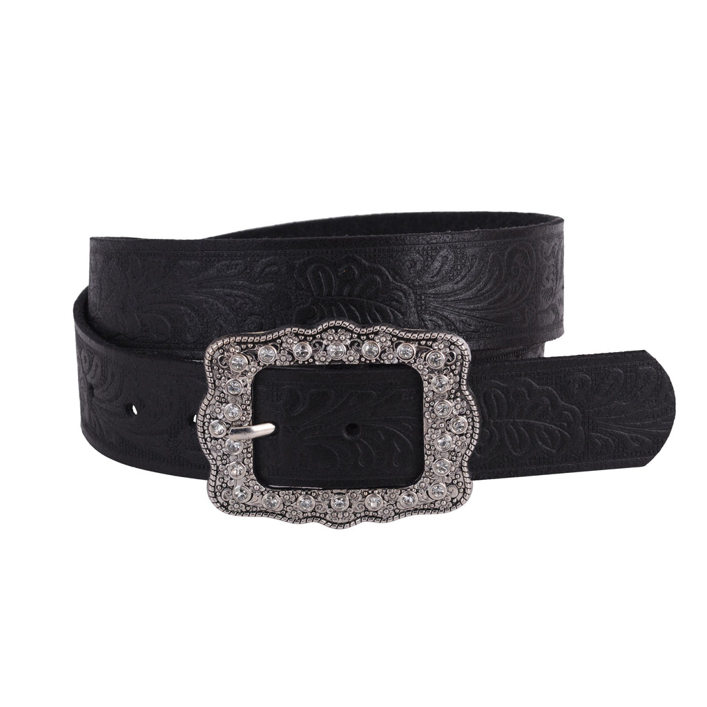 Wrapped Black Tooled Leather Belt with Vintage Rhinestone Frame Buckle | Most Wanted USA