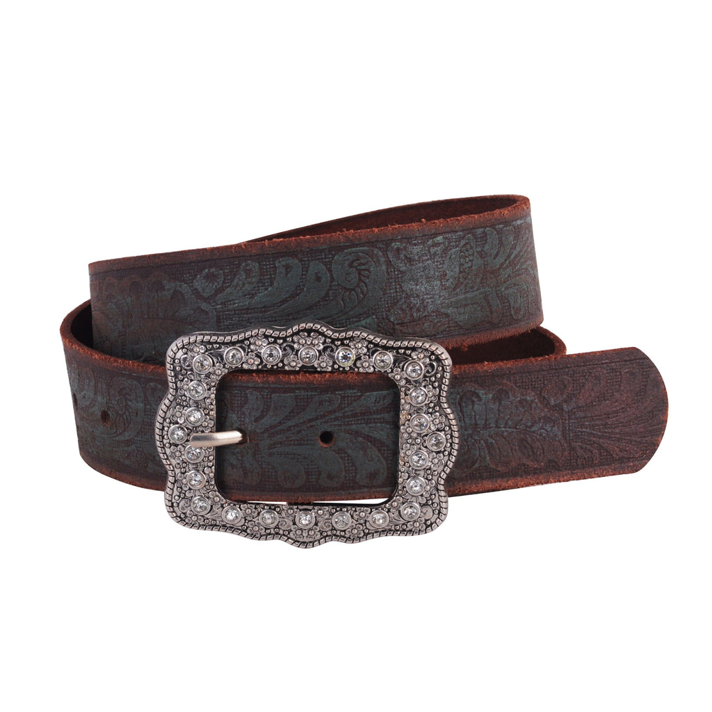 Wrapped Brown Tooled Leather Belt with Vintage Rhinestone Frame Buckle | Most Wanted USA