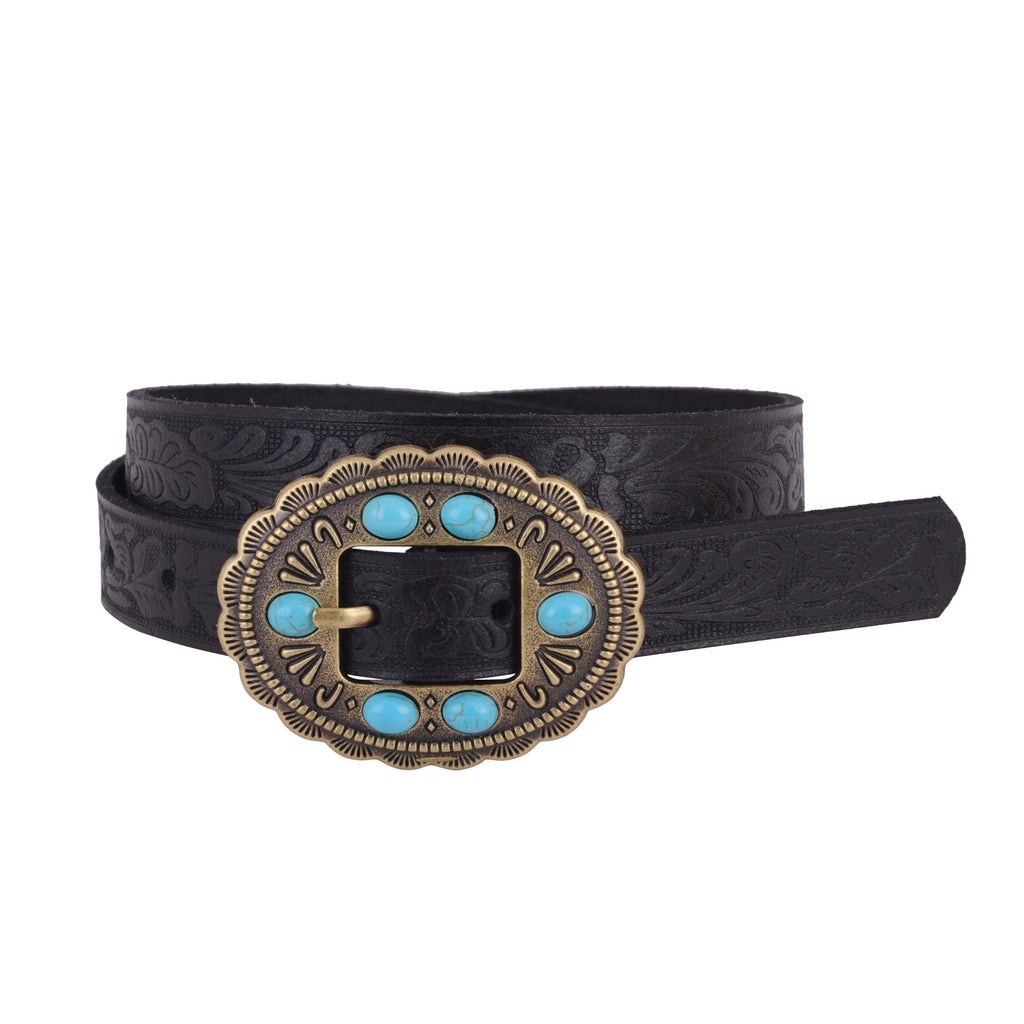 Wrapped Black Tooled Belt with Round Turquoise Stone Buckle