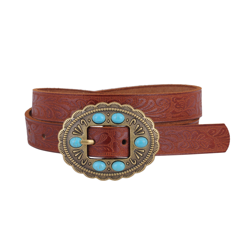 Wrapped Tan Tooled Belt with Round Turquoise Stone Buckle